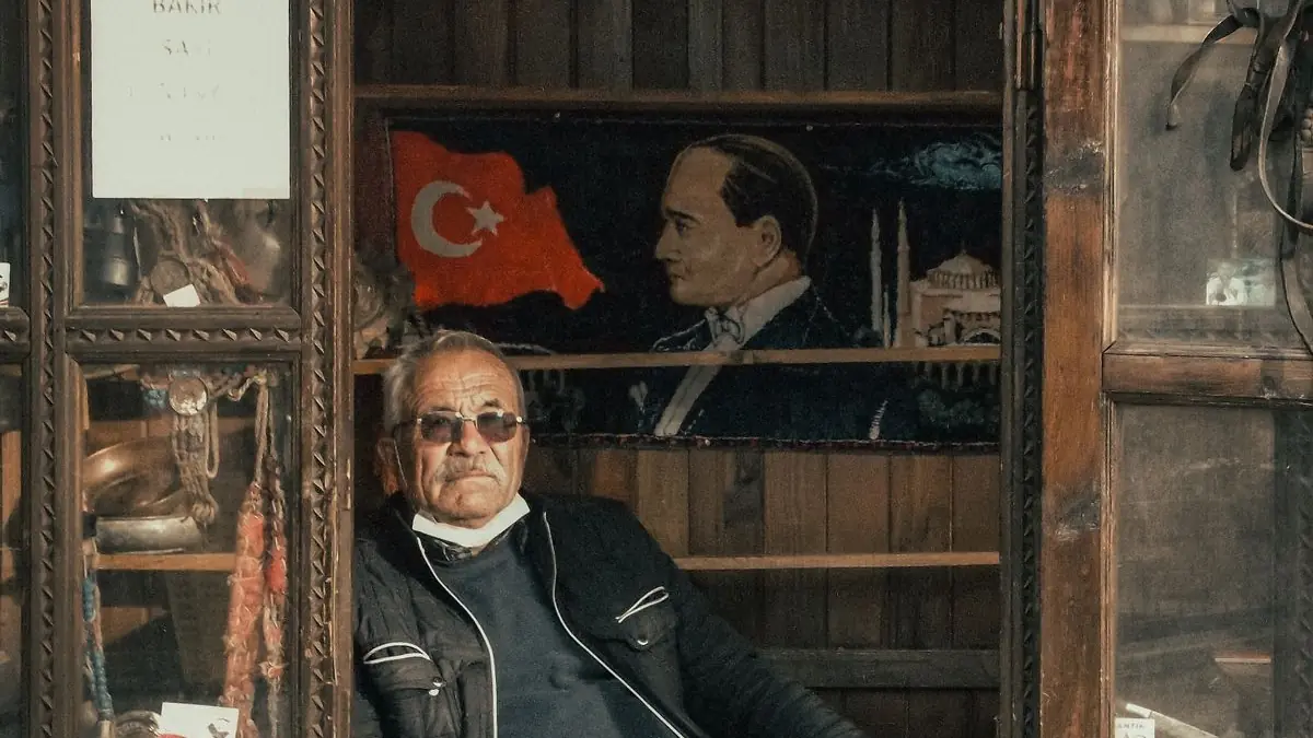 Shop owner sitting at the door of his shop